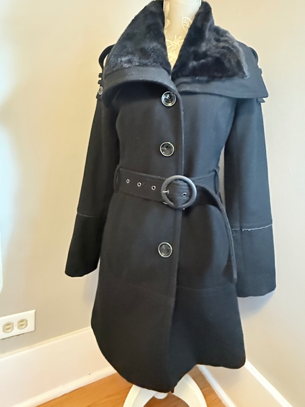 Miss Sixty M60 Y2K Black Wool Blend Belted Faux Fur Collar Coat S